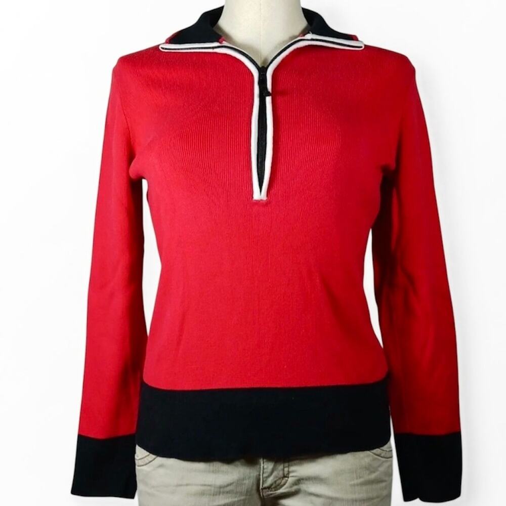 L-LR Womans Sweater Active 13" Zip Pull Over Mock Nec Red/Black/White, Sz L